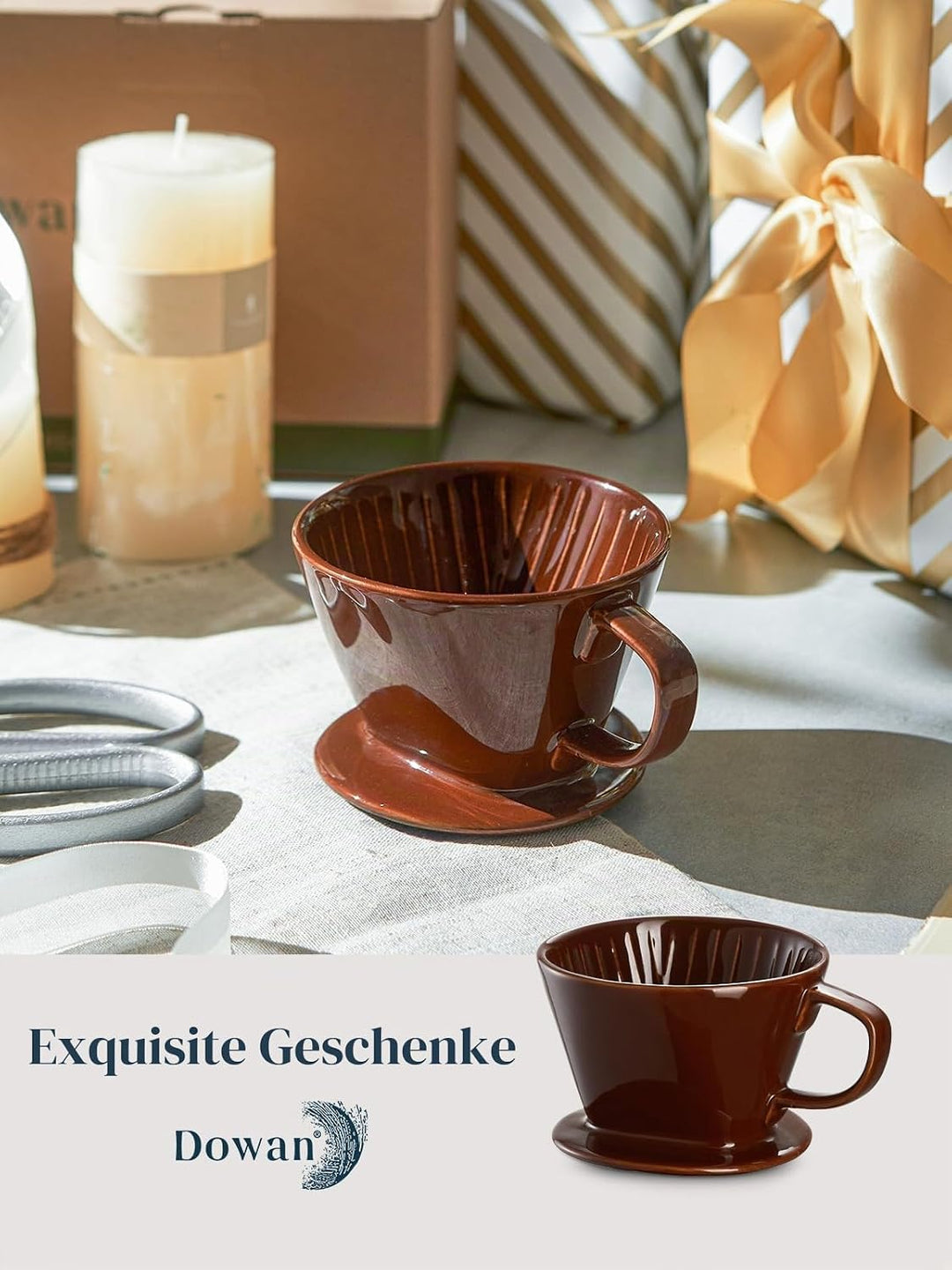 DOWAN Porzellan Kaffeefilter Grösse 2, Permanent Kaffeefilter für 2 Tassen Braun, Braun