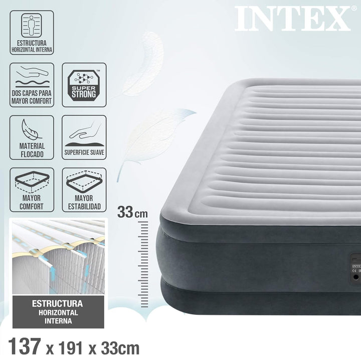 Intex 67768 Eineinhalb Komfort Plüschmatratze, 137 x 191 x 33 cm, grau, mit eingebauter