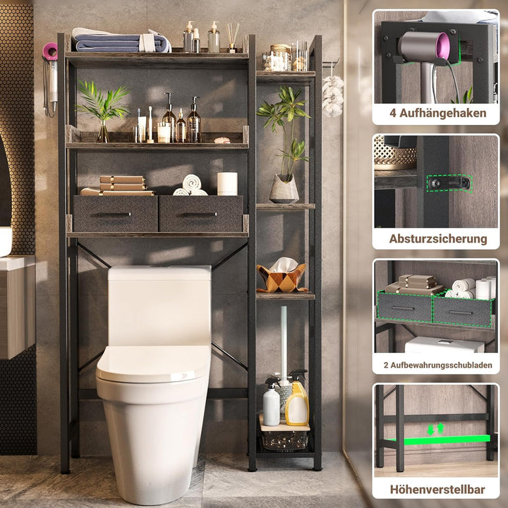 Waschmaschinenregal mit 2 Schubladen – 7-stöckiger Toilettenregal mit verstellbarem Regal, Toiletten