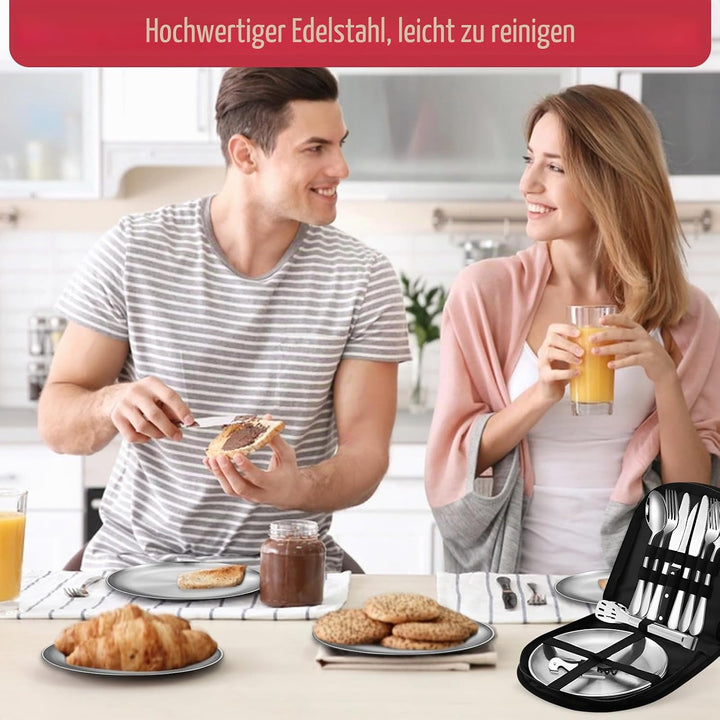 11 Teilig Camping Geschirr Set für 2 Personen, Edelstahl Picknick Campingbesteck, Besteckset mit Mes