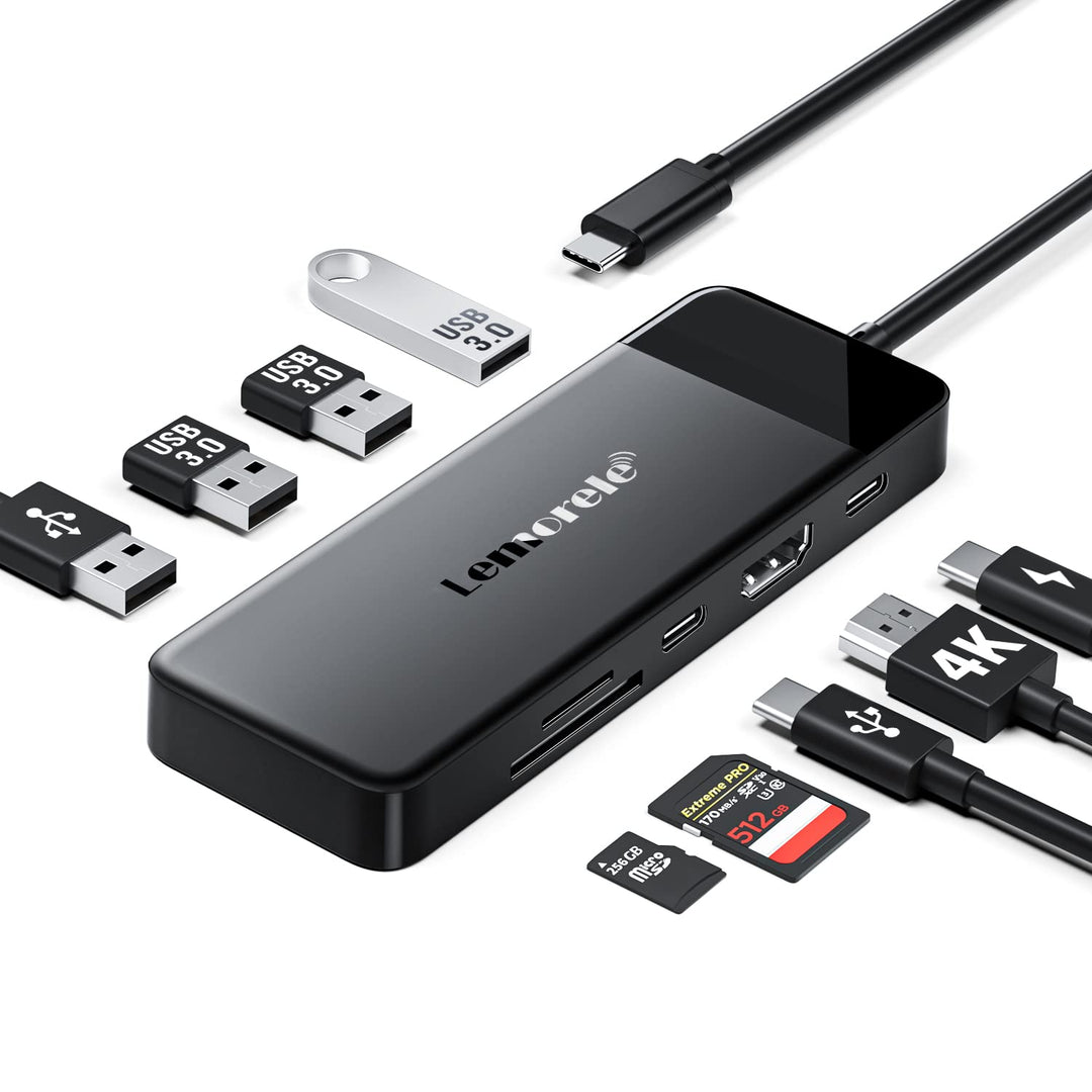 Lemorele USB C Hub -Docking Station 10 in 1, USB C Adapter mit 4K HDMI, 3 USB-A 3.0, 100W PD, Daten