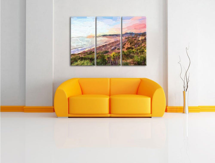 Pixxprint Küste und Strand mit Häusern als Leinwandbild/Grösse: 3 Teilig (120x80) cm/Wandbild/Kunstd