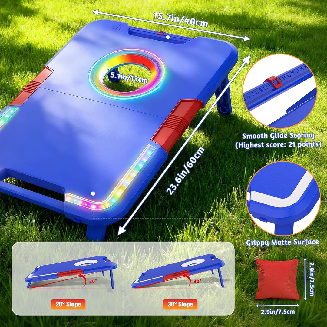 VATOS Tragbares Cornhole-Set mit LED-Lichtern & Soundeffekten, Punktanzeige, klappbar – 2 Spielbrett