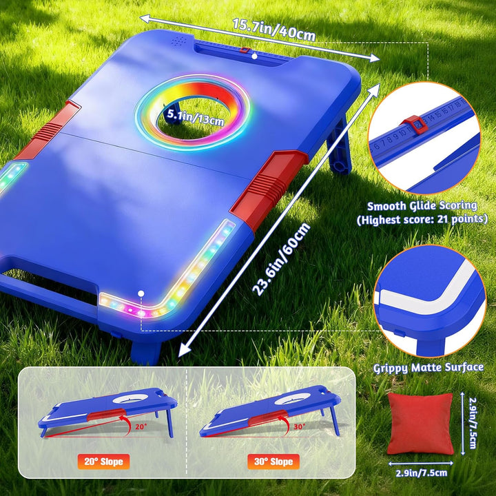 VATOS Tragbares Cornhole-Set mit LED-Lichtern & Soundeffekten, Punktanzeige, klappbar – 2 Spielbrett