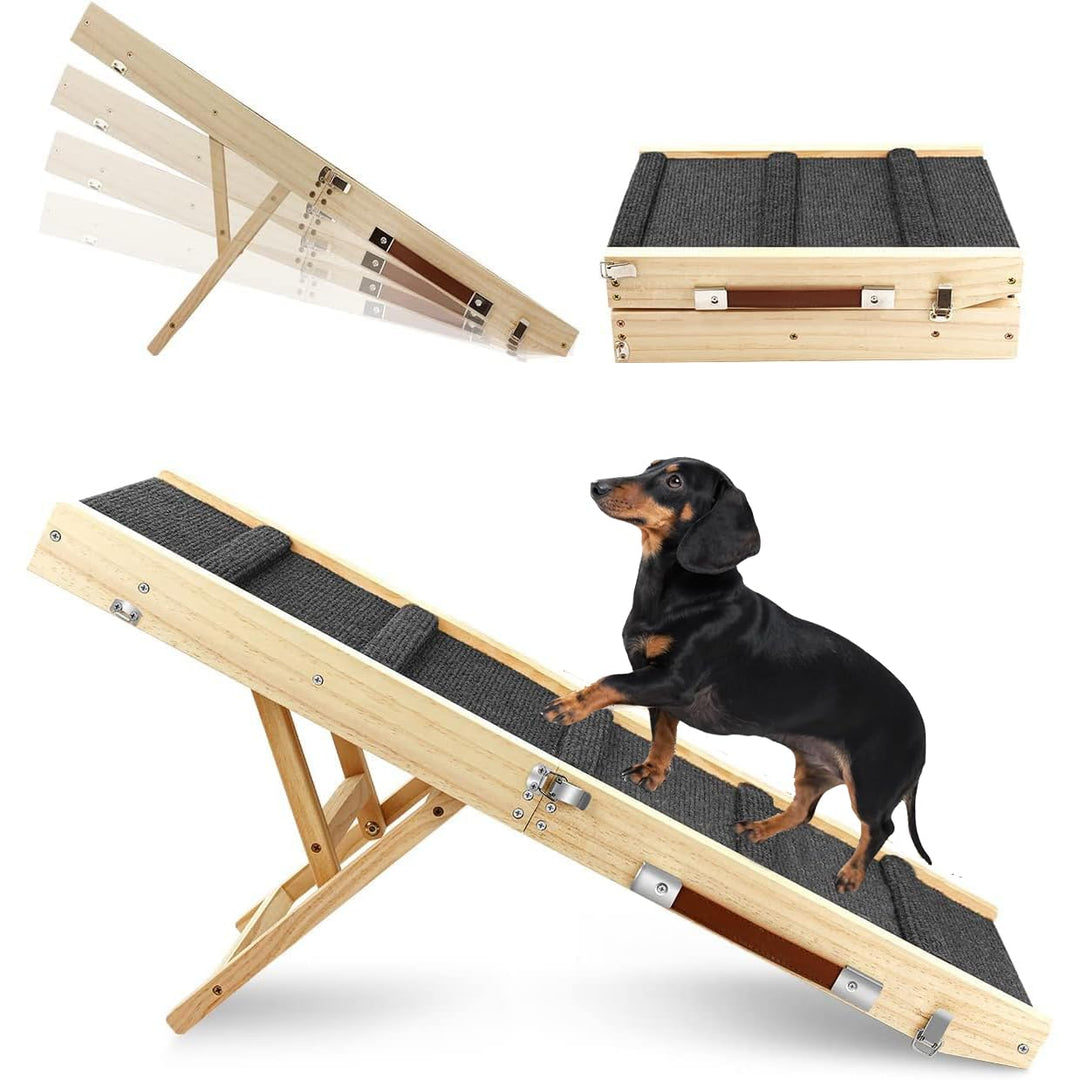 Klappbare Hunderampe aus Holz -Hundetreppe Höhenverstellbar 25-48cm mit Rutschfester Matte für Bett