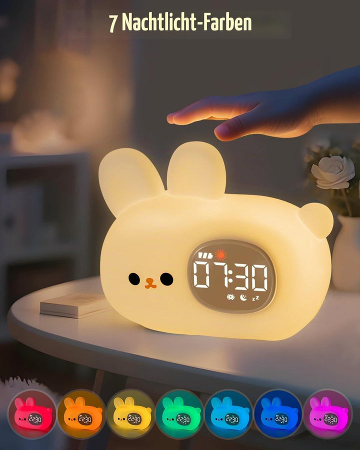 Yiliaw Hasen Kinderwecker mit Nachtlicht – Schlaftrainer & Aufwachuhr, wiederaufladbare Silikonlampe