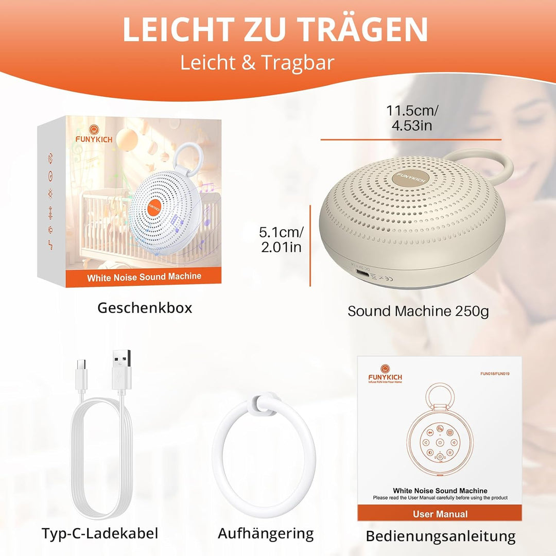 FUNYKICH White Noise Machine Baby, Tragbare Einschlafhilfe Weisses Rauschen Erwachsene mit 2 Aufnahm