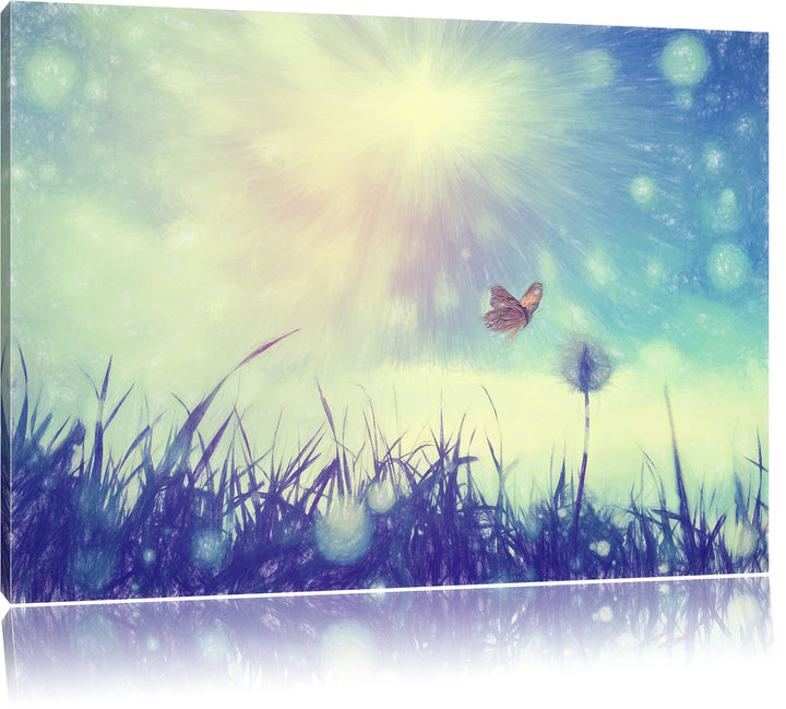 Pixxprint zarter Schmetterling fliegt zu Pusteblume Kunst Buntstift Effekt, Format: 100x70 auf Leinw