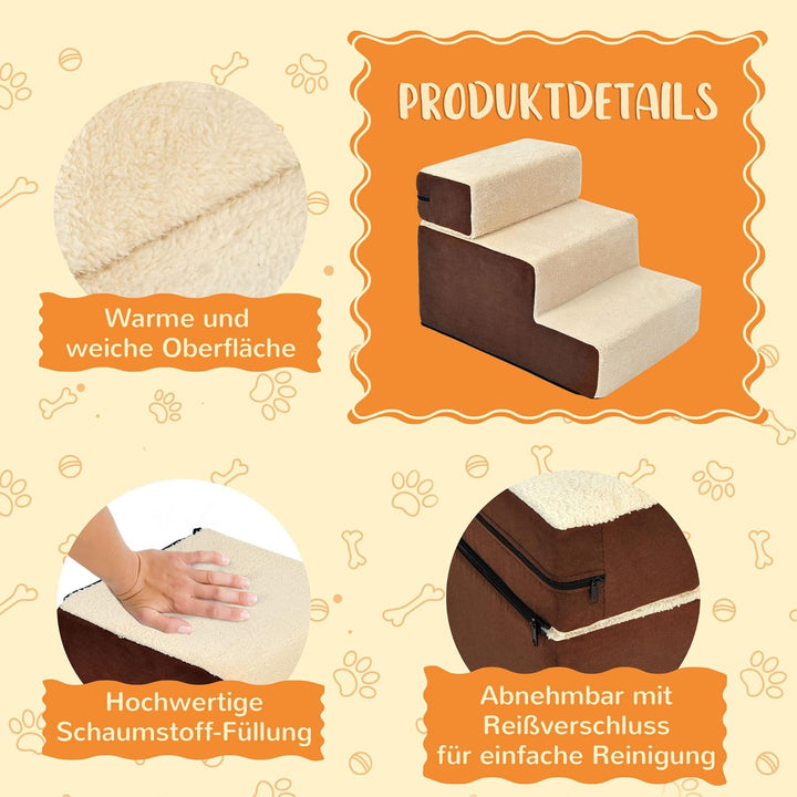 PawHut Hundetreppe Katzentreppe Haustiertreppe 3 Stufen Haustier Plüsch Beige 54 x 40 x 39cm beige L