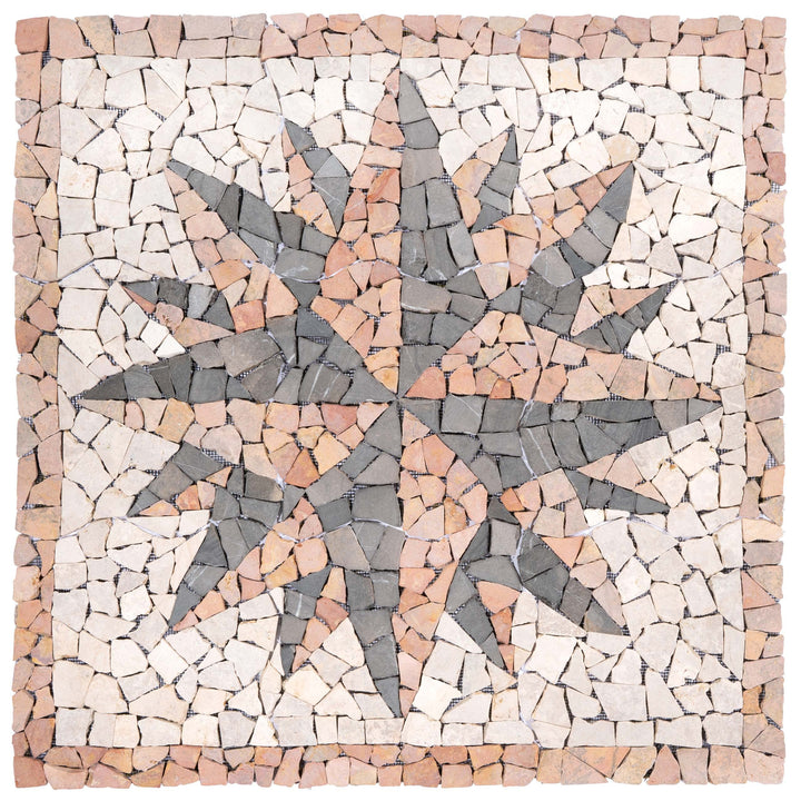 DIVERO Fliesen Rosone Windrose Naturstein Mosaik Marmor dekorativ creme-grau- rosé 90 x 90 cm Fliese