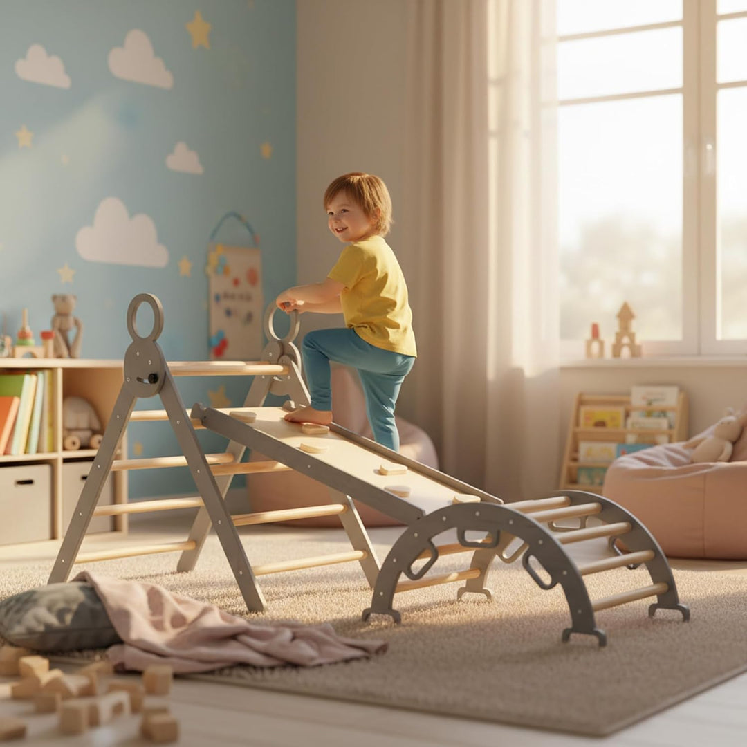 Deryan Montessori Indoor Spielset Indoor für Kleinkinder und Kinder - Kletterwand, 5 in 1 Kletterdre