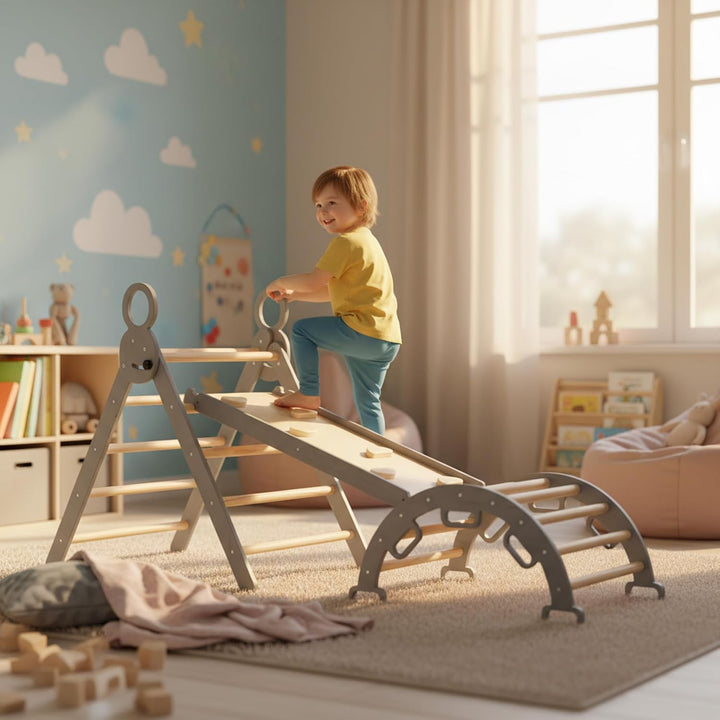 Deryan Montessori Indoor Spielset Indoor für Kleinkinder und Kinder - Kletterwand, 5 in 1 Kletterdre