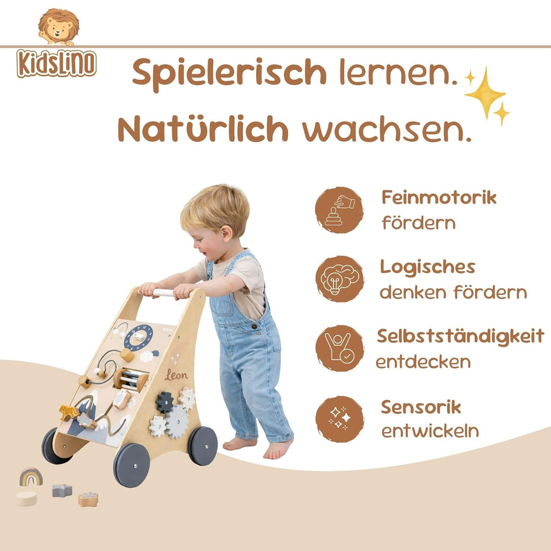 Personalisierter Lauflernwagen aus Holz mit Name – Sicherer Baby Schiebewagen für erste Schritte – L