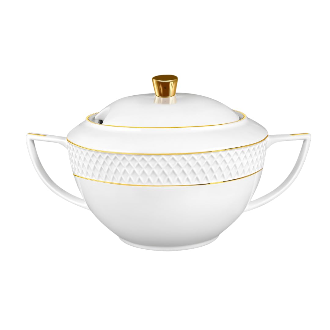 Wilmax - Suppenterrine mit Deckel - 2800ml - Vase aus Porzellan mit Goldmuster - weiss - Hitzebestän