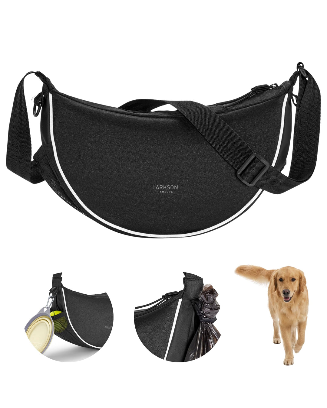 LARKSON Half Moon Bag Hundetasche Schwarz - Fiete - Umhängetasche für Gassi Gehen - Leckerlitasche m