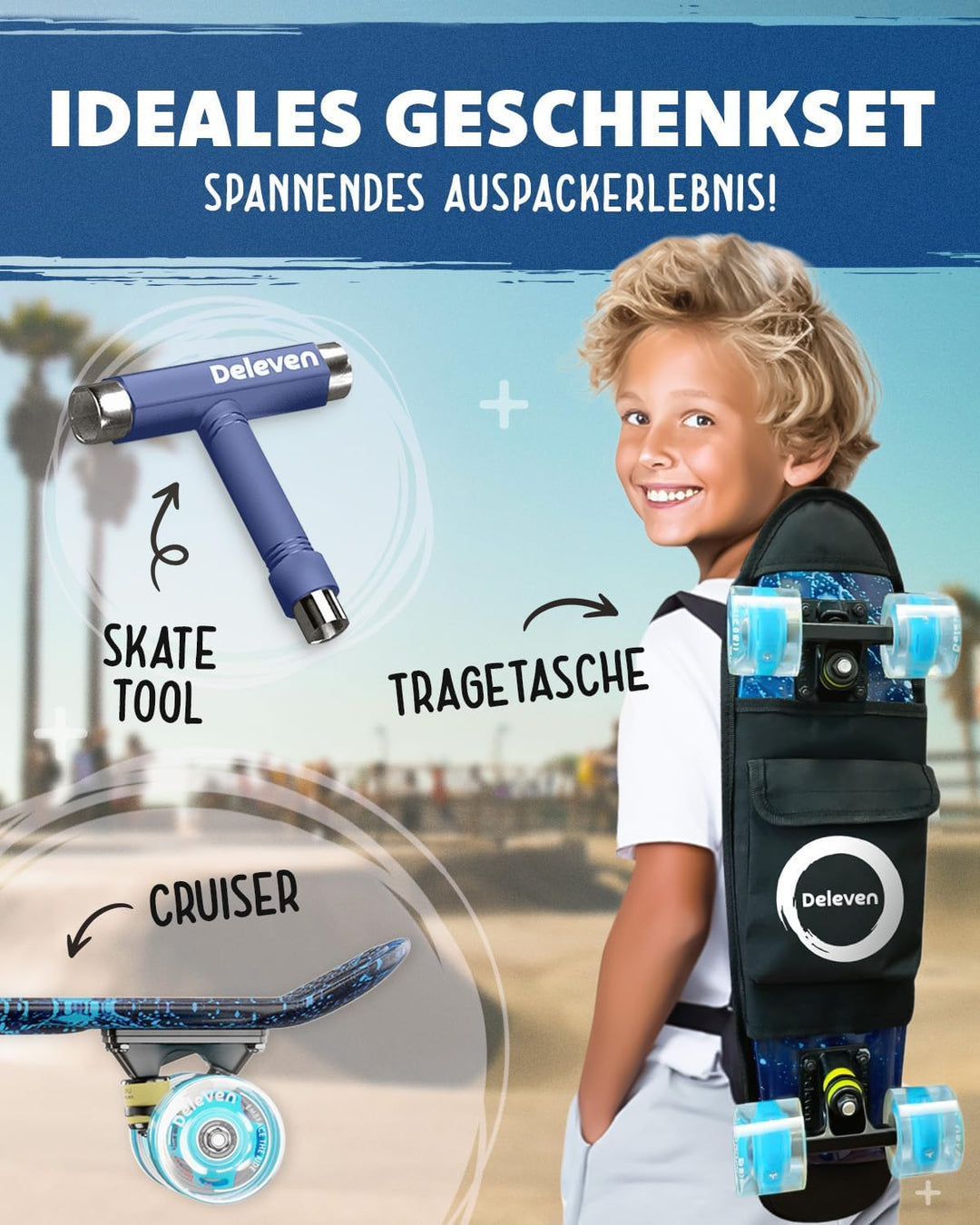 Deleven Skateboard mit Tragetasche, LED Rollen, Skate Tool und ABEC 7 Lager - Kinder Erwachsene Anfä