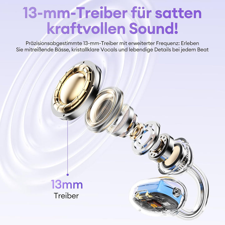 PAXA 2-in-1 Doppel-Set Clip On Kopfhörer Open Ear Kopfhörer Bluetooth 6.0 0ms Verzögerung, 140H Spie