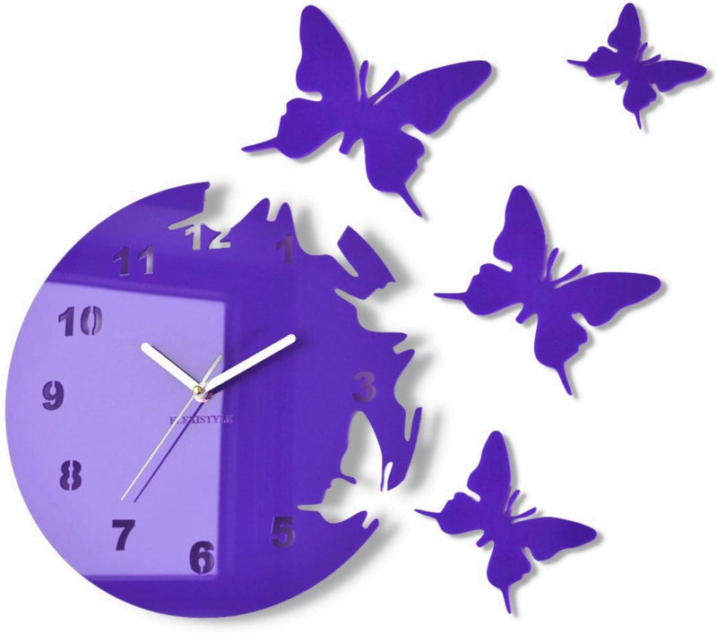 Grosse moderne Wanduhr Schmetterling Lila (Heidelbeere) rund 30cm, 3d DIY, Wohnzimmer, Schlafzimmer,