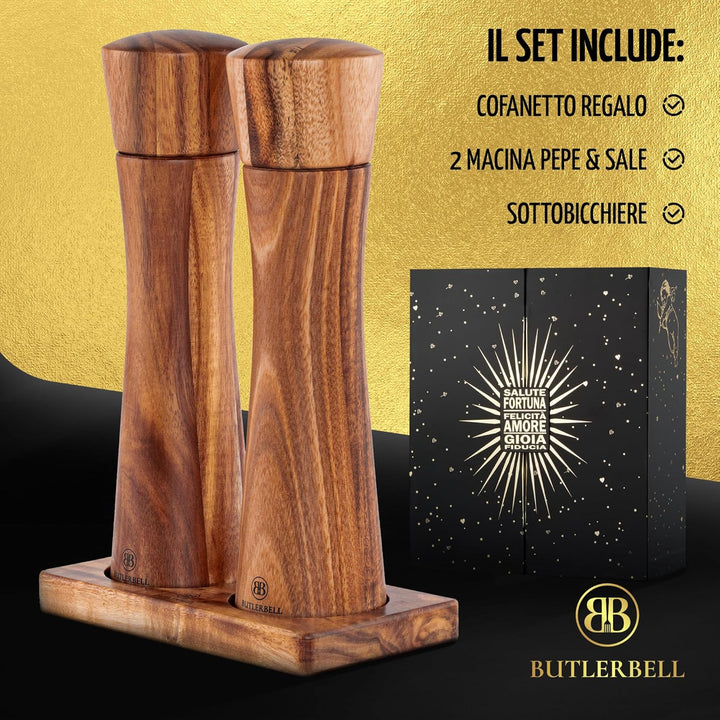 BUTLERBELL® Salz und Pfeffermühle Holz inkl. Untersetzer in Luxus Geschenkbox ideal als Hochzeitsges