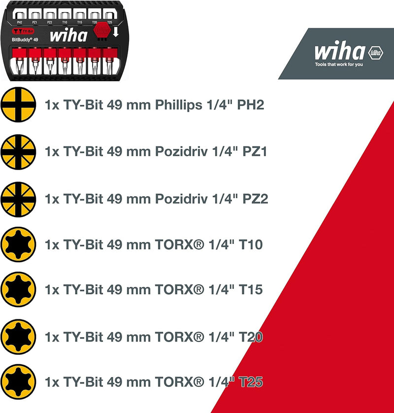 Wiha Bit Set BitBuddy 8-tlg. I TY-Bit 49 mm I PH, PZ, TORX 1/4" E6,3 I Zubehör für Schraubanwendunge