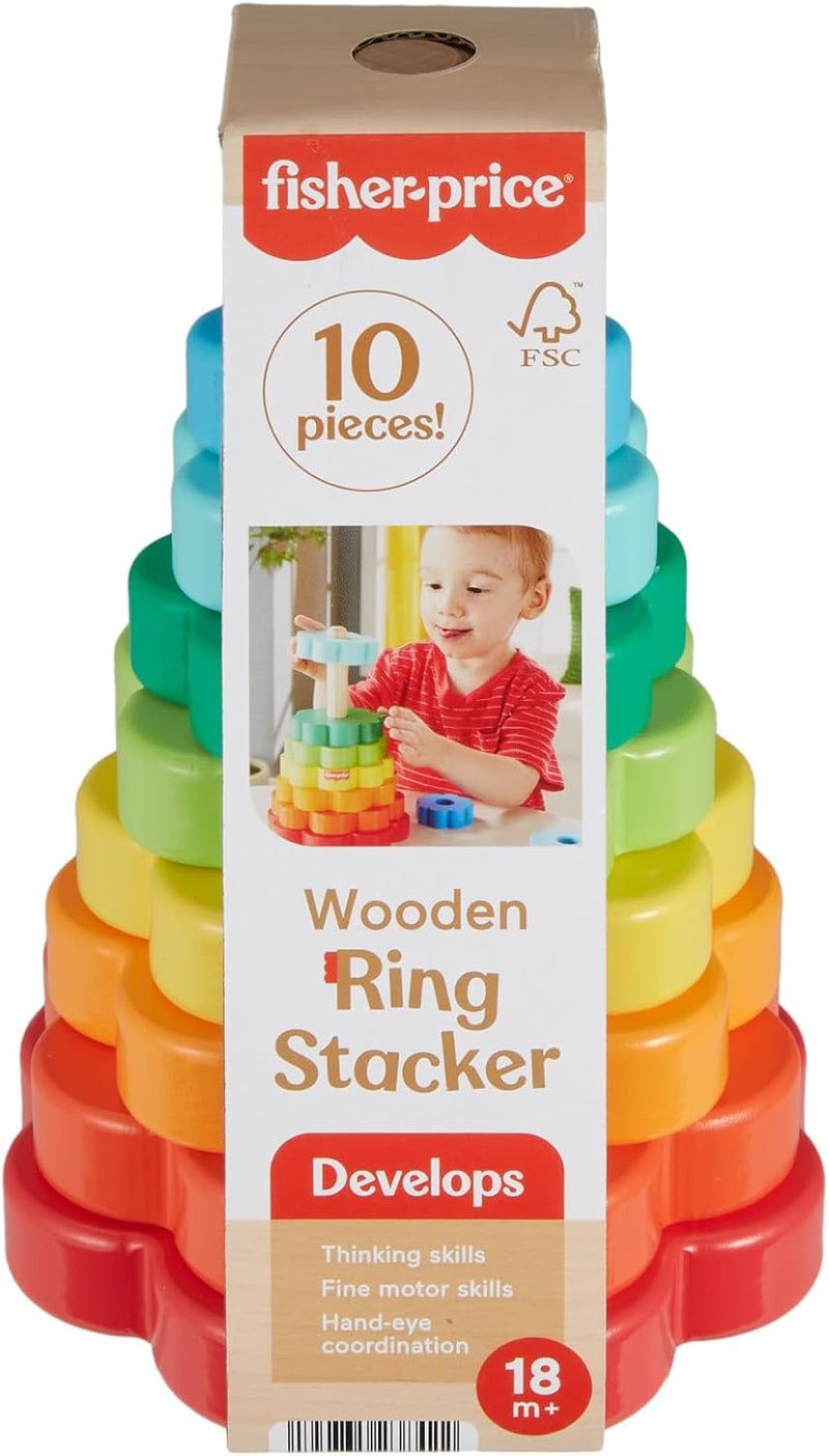 Fisher-Price Ring-Stapelspielzeug aus Holz für Kleinkinder, 10 Holzteile für Stapelspielspass für Ki