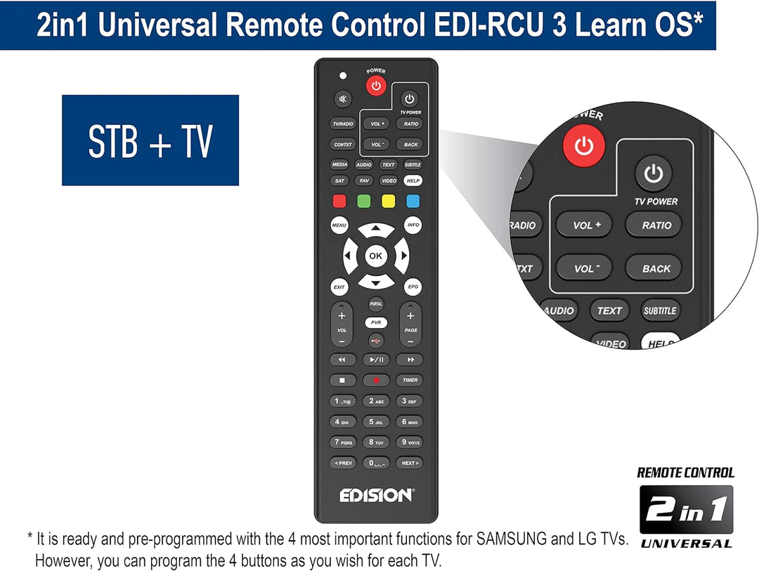 Edision PING T2 C Terrestrischer & Kabel Receiver DVB-T2 C H.265 HEVC Kartenleser Full HD PVR, 2xUSB