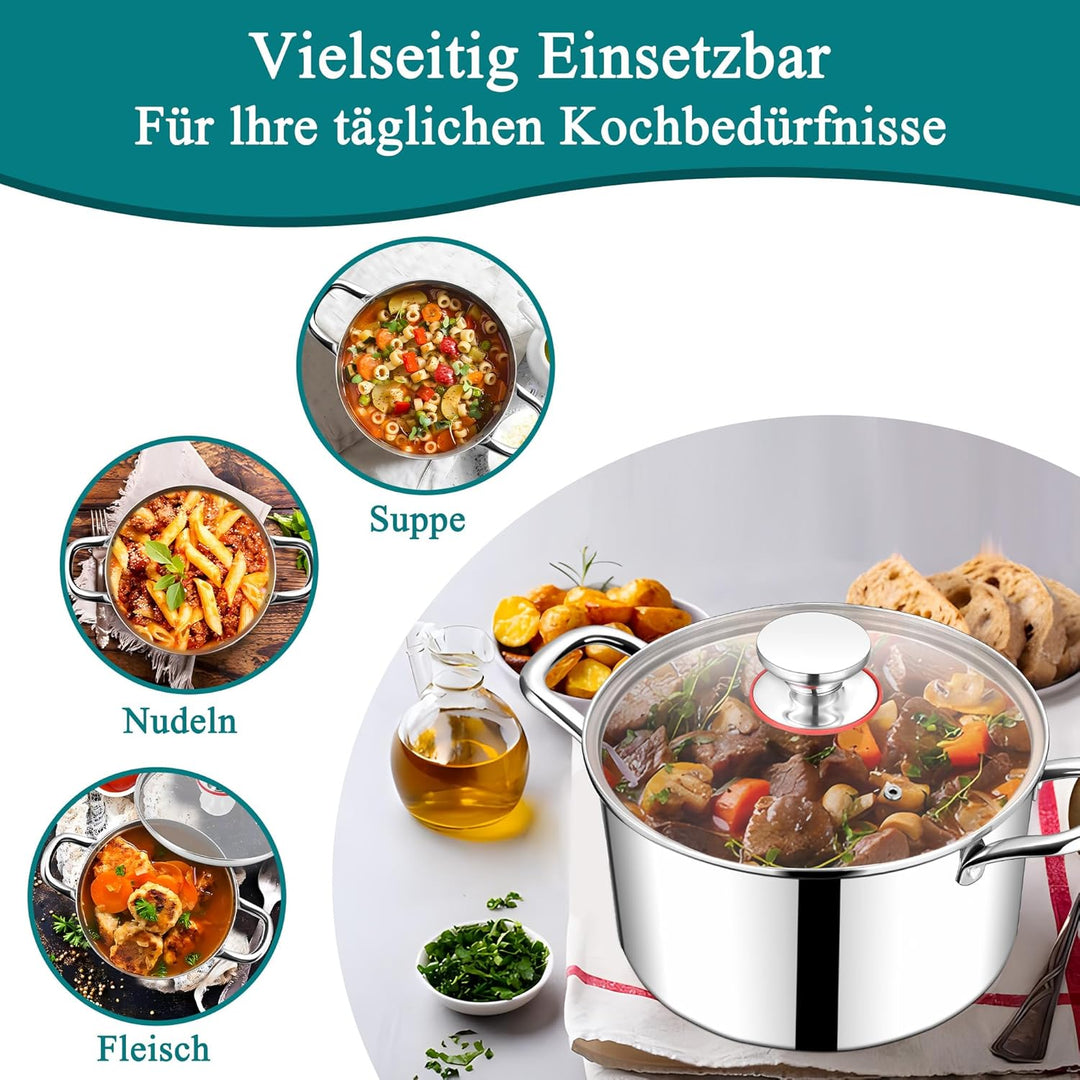HaWare Kochtopf, 22cm Topf Induktion aus 3-Lagen Edeastahl, 4,8L Kochtöpfe Nudeltopf mit Glasdeckel