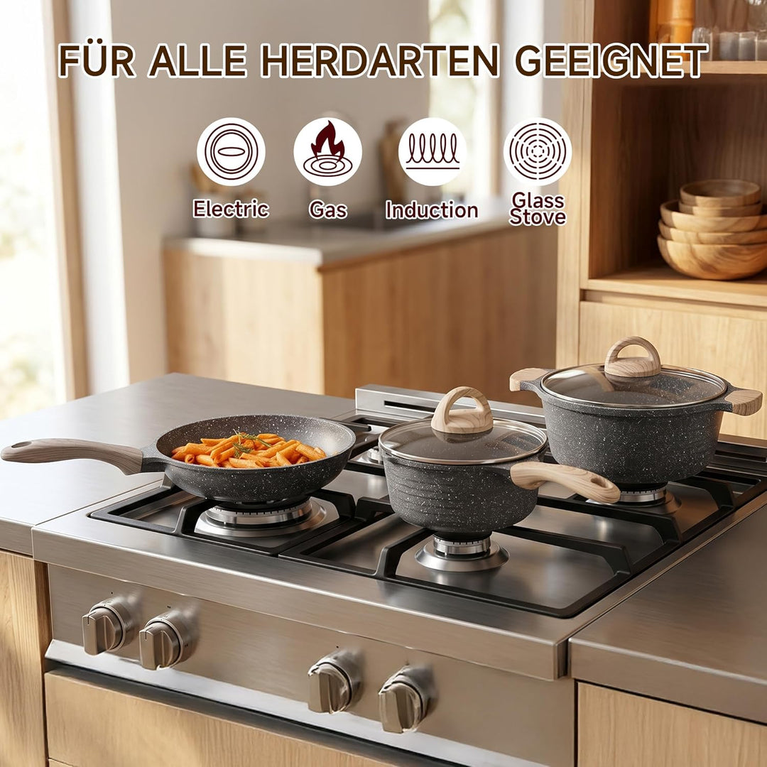 JEETEE Topfsets Pfannenset 23-Teilig, Antihaft-Granit Topf und Pfannenset mit Glasdeckeln, Topfset I