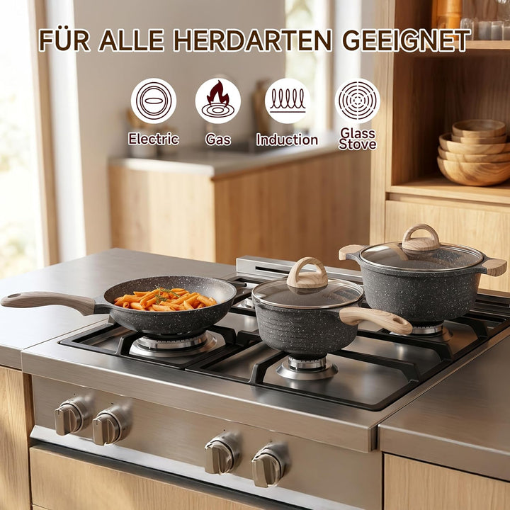 JEETEE Topfsets Pfannenset 23-Teilig, Antihaft-Granit Topf und Pfannenset mit Glasdeckeln, Topfset I
