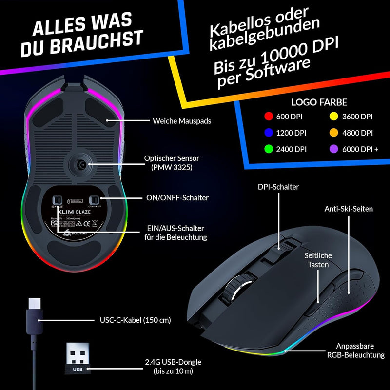 KLIM Blaze - Wiederaufladbare kabellose RGB Gaming Maus - NEU 2023 - Hochpräziser Sensor mit Langer