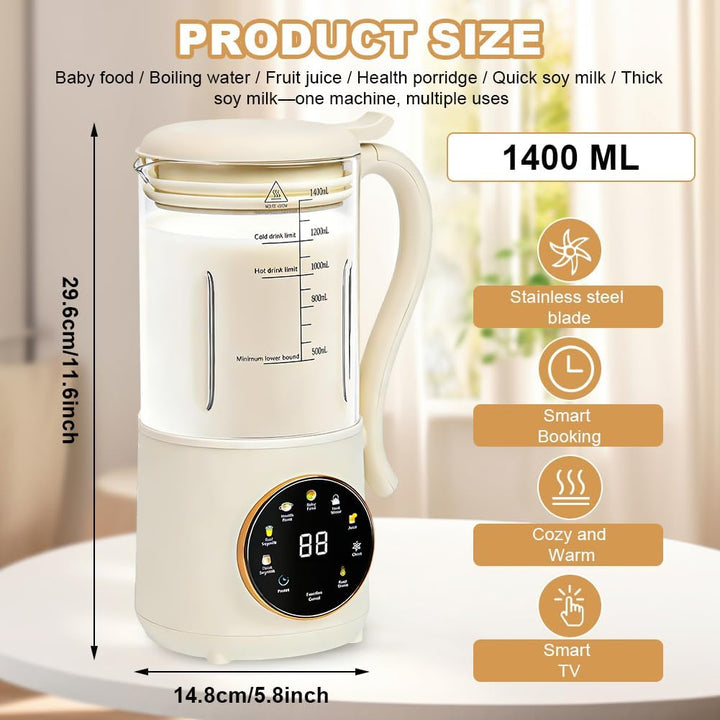 Nussmilch Maschine 1400ml, Hafermilch Maschine mit 16 Klingen & 9 Funktionen, LED Anzeige, Sojamilch