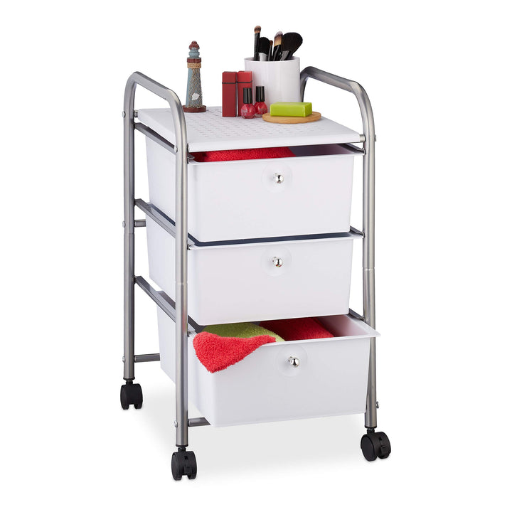 Relaxdays Badrollwagen, 3 Schubladen, Metall & Kunststoff, Rollcontainer Bad, Kosmetik, HxBxT: 60 x