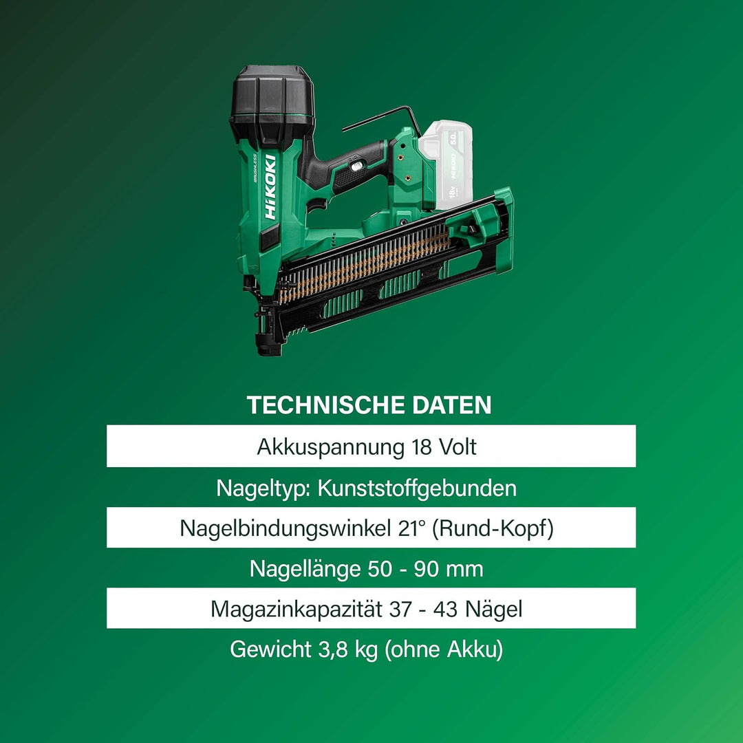 HiKOKI Akku-Streifennagler 21° - 18 V, 50-90 mm Nägel - Kompakt, leicht, leistungsstark, LED-Licht,