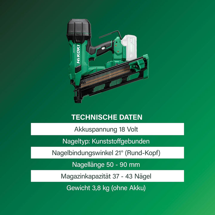 HiKOKI Akku-Streifennagler 21° - 18 V, 50-90 mm Nägel - Kompakt, leicht, leistungsstark, LED-Licht,