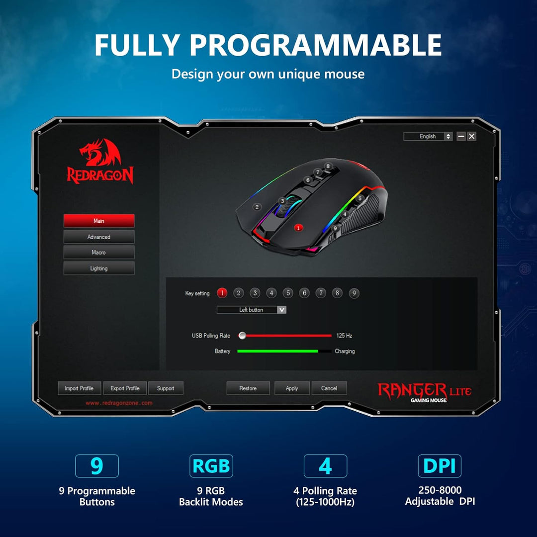 Redragon Gaming Maus Kabellose, RGB Wiederaufladbare Maus Gaming mit 9 Macro Editing Programmierbare