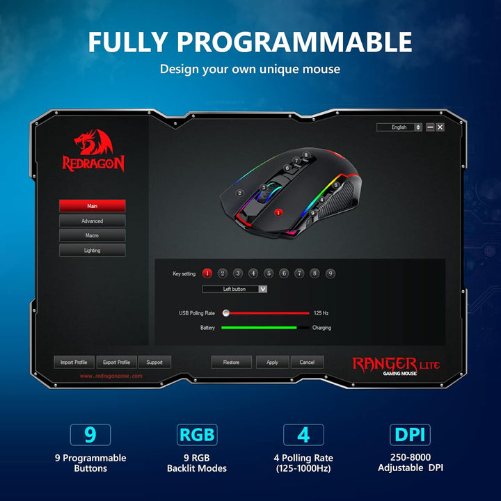 Redragon Gaming Maus Kabellose, RGB Wiederaufladbare Maus Gaming mit 9 Macro Editing Programmierbare