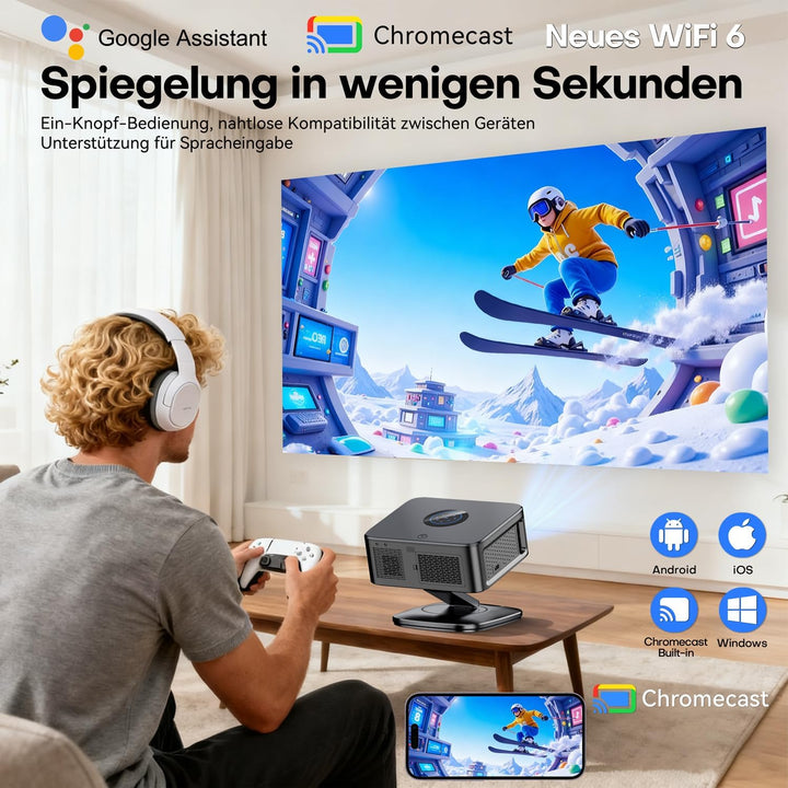 Beamer【Google TV/Autofokus & 1500 ANSI】 Full HD 1080P HORLAT Beamer 4K Heimkino mit WiFi 6, Bluetoot