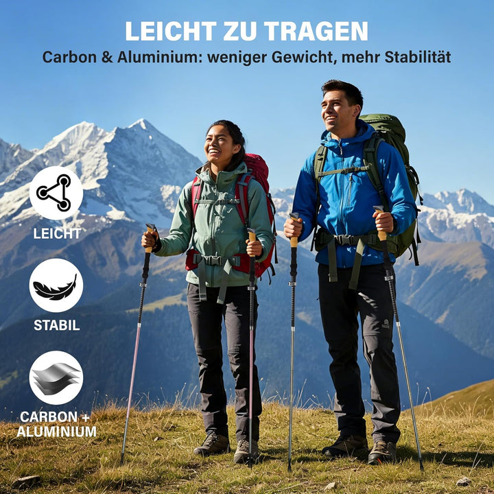 Faltbare Wanderstöcke 2er Set, Carbon 3K & Aluminium 7050, Verstellbar 110-135 cm, Korkgriff mit Eva