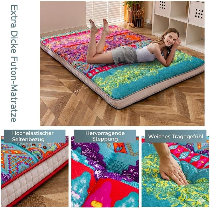 MAXYOYO Böhmische Retro Futon Matratze - Vintage Blumenmuster japanische Bodenmatratze - rollbar ver