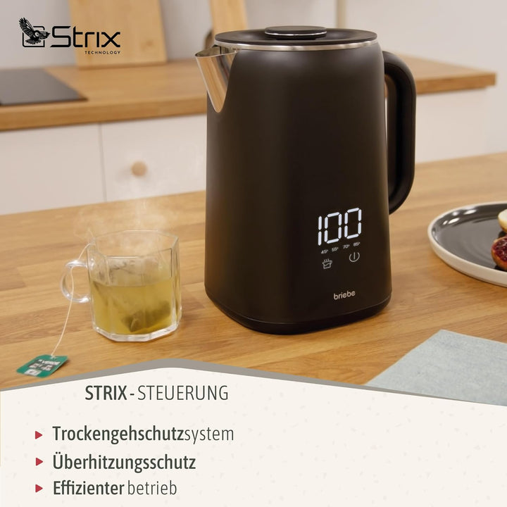 briebe eBoil Elektrischer Wasserkocher, 1,7 l, digitales Display, einstellbare Temperatur 45 °C bis