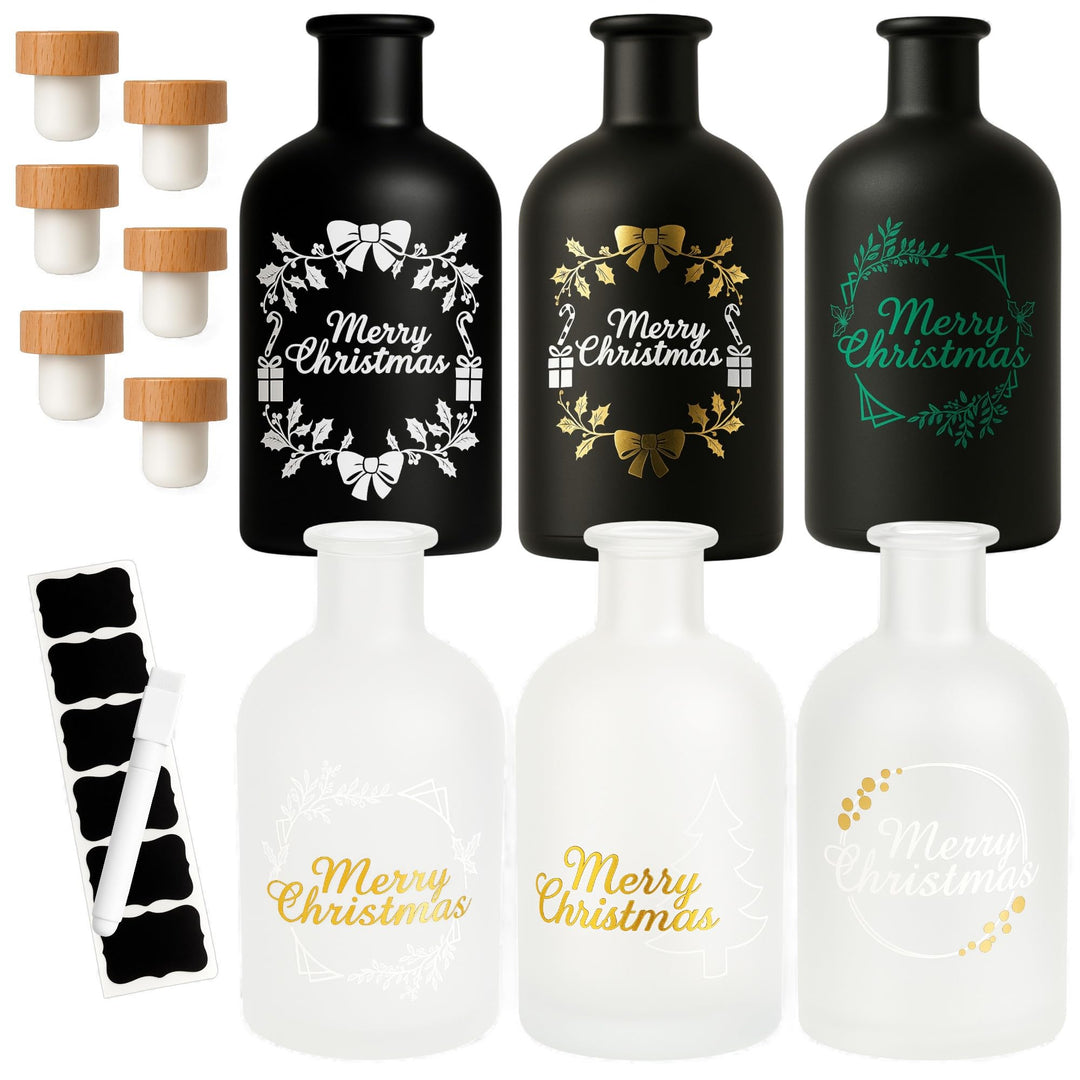 gouveo 6er Set Glasflaschen 250 ml (0,25 l) Weihnachtsflasche 250 ml Korkverschluss mit Holzgriff, s