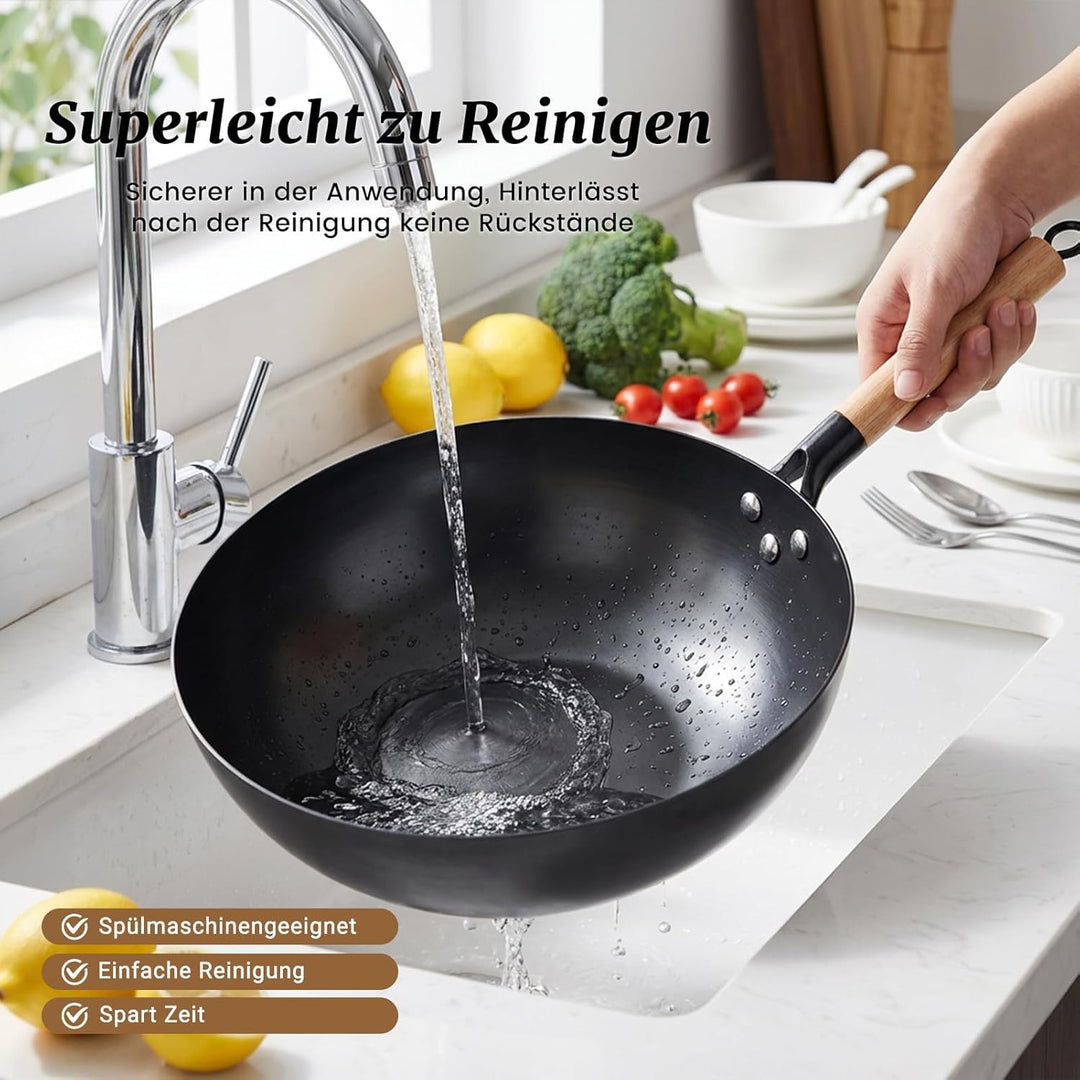 32cm Bratpfanne Wok mit Deckel Eisenpfanne: Massivholzgriff Induktionsgeeignet Geschmiedet Eisenpfan