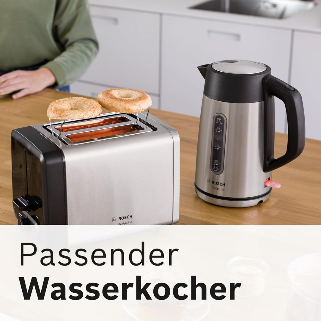 Bosch Kompakt Toaster DesignLine TAT4P420DE, integrierter Edelstahl-Brötchenaufsatz, mit Abschaltaut