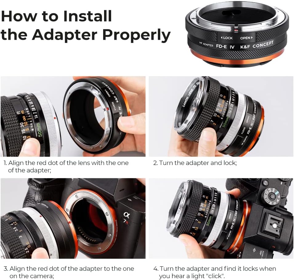 K&F Concept Lens Mount Adapter FD-NEX IV Manueller Fokus Kompatibel mit Canon FD & FL 35 mm Objektiv
