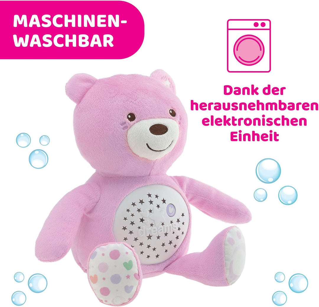 Chicco First Dreams Baby Bär Plüsch-Teddybär, weicher Projektor mit Nachtlicht, Lichteffekten und en
