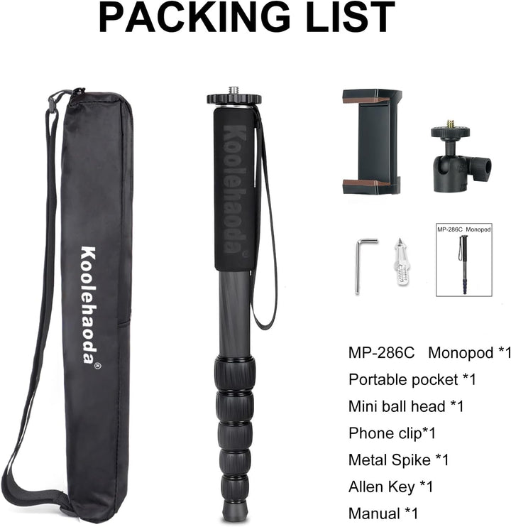 koolehaoda MP286C Einbeinstativ, Kohlefaser, 6-teilig, tragbar, Kompaktkamera-Einbeinstativ, Maximal