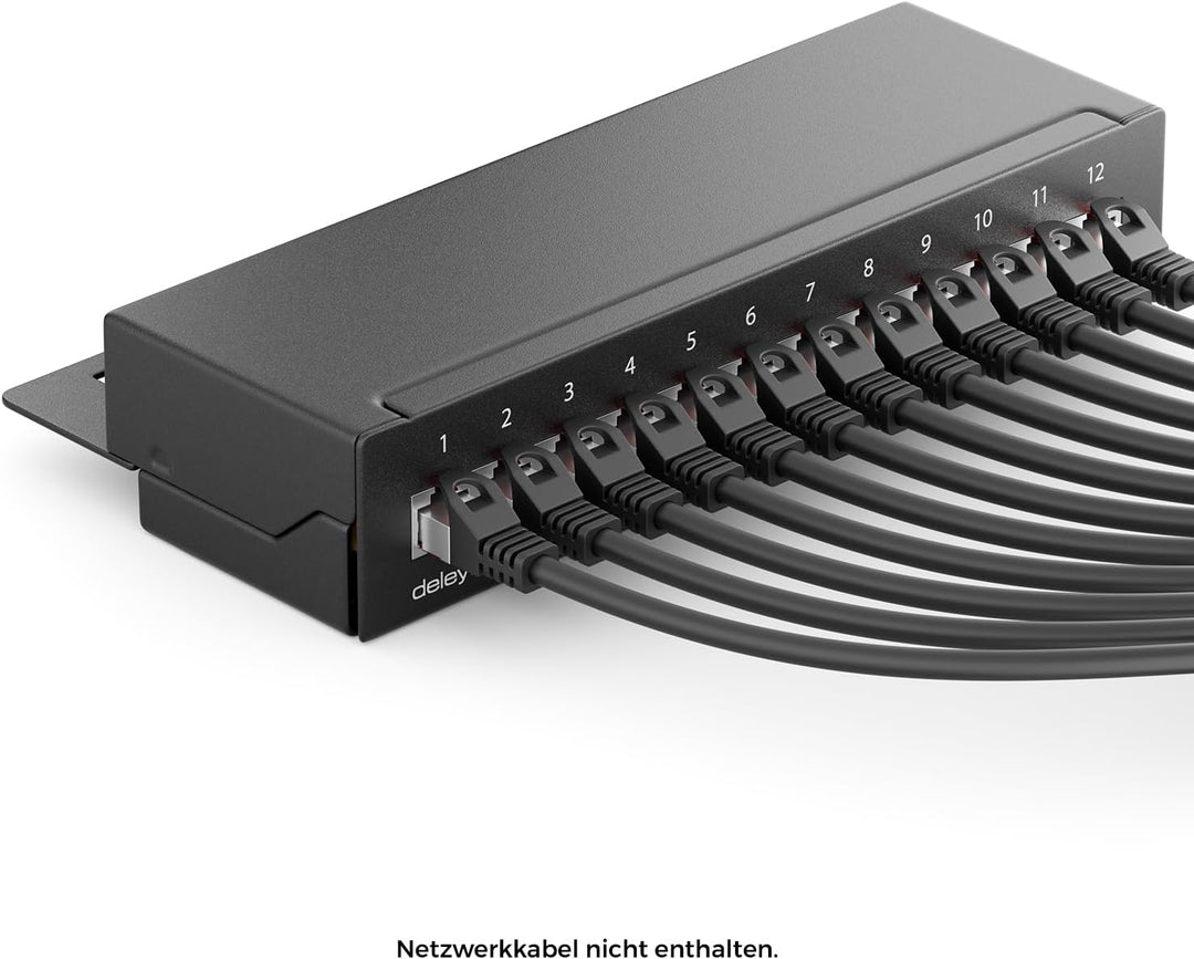 deleyCON CAT 6a Patchpanel Verteilerfeld 12 Port - Desktop & Wandmontage Geschirmt 12x RJ45 Buchse -