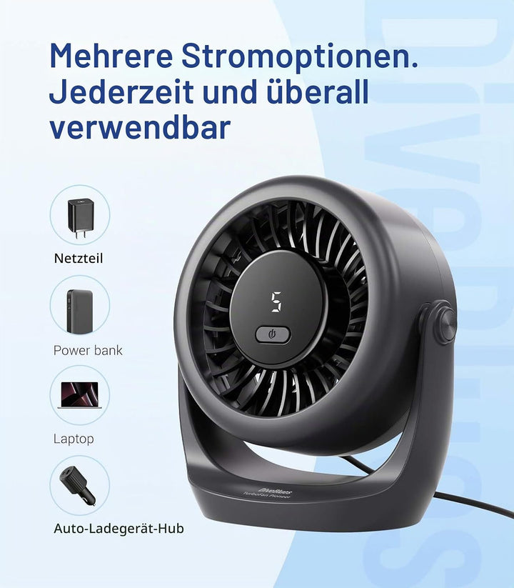 Diveblues USB Turbo Tischventilator, Ultra-Leiser Mini Ventilator, Leistungsstarker Wind, LED-Displa
