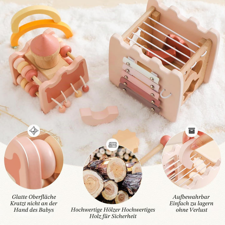 Promise Babe Montessori Spielzeug Baby Holzspielzeug,5 in 1 Rosa Schloss Lernspielzeug Motorikwürfel