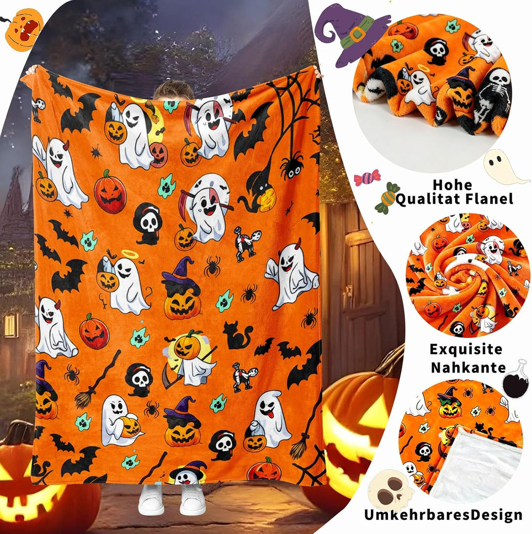 Halloween Decke 150x200,Weiche Flanell Kuscheldecke mit kürbis und Geist Motiv,für Sofadecke (Hallow